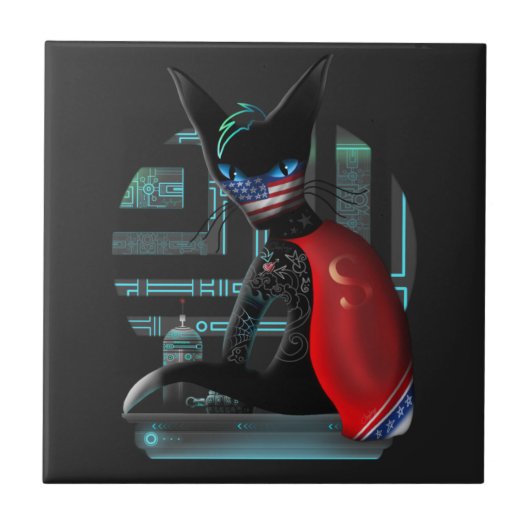 Cyberpunk Ninja Black Cat Tegeltje (Voorkant)