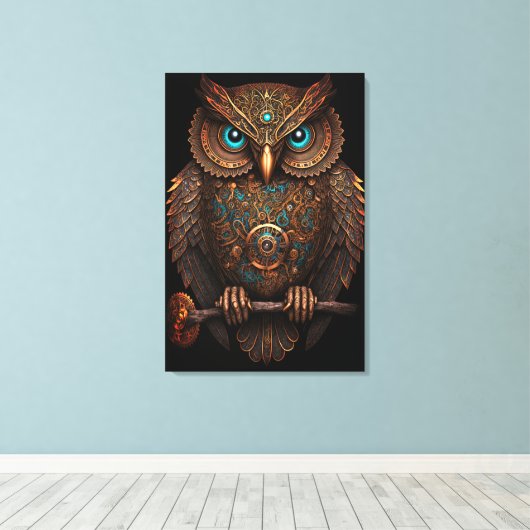 Cyberpunk Owl Steampunk Metal Bird Fantasy Canvas Afdruk (Insitu (Houten vloer))