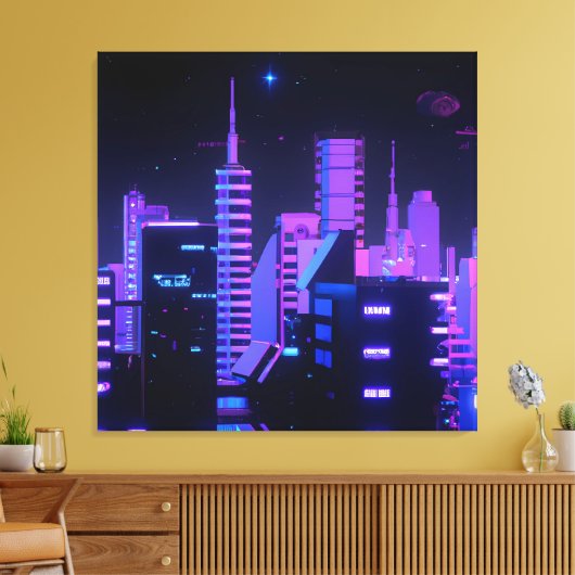 Cyberpunk paarse stad AI kunstcanvas Canvas Afdruk (Insitu (Woonkamer))