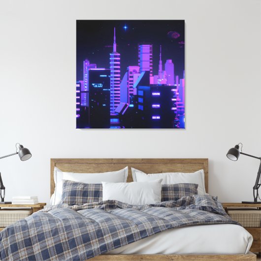 Cyberpunk paarse stad AI kunstcanvas Canvas Afdruk (Insitu (Slaapkamer))