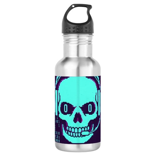 ​Cyberpunk Pixel Skull Travel Mug - Loading My Rea Waterfles (Voorkant)