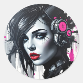 Cyberpunk Rebel Girl Ronde Sticker