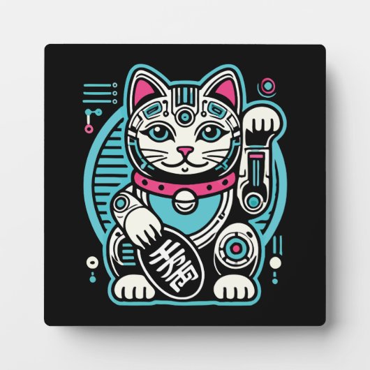 Cyberpunk Robot Maneki Neko Lucky Cat, Geld Fotoplaat (Voorkant)
