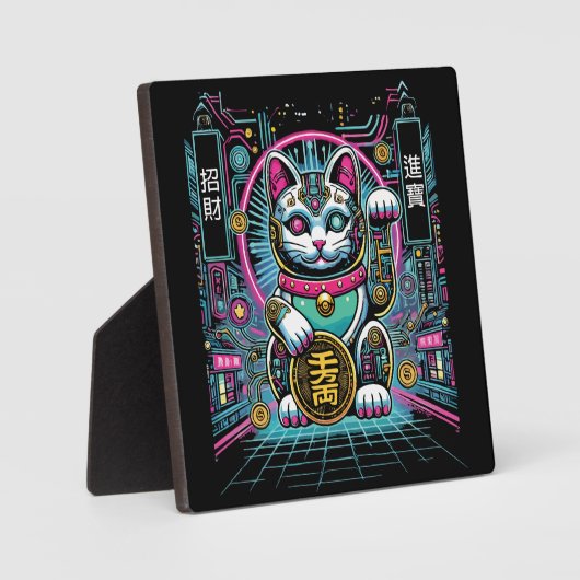 Cyberpunk Robot Maneki Neko Lucky Cat, Geld Fotoplaat (Voorkant)