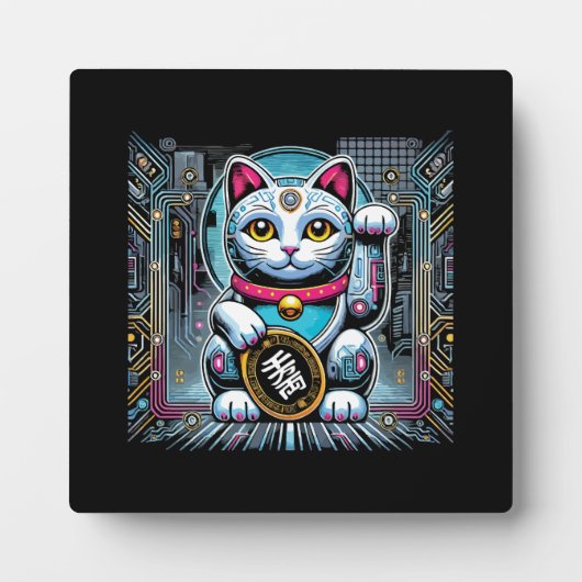 Cyberpunk Robot Maneki Neko Lucky Cat, Geld Fotoplaat (Voorkant)
