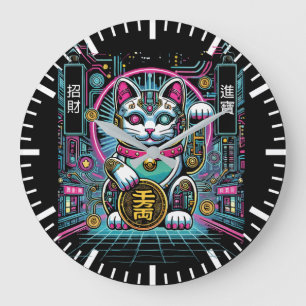 Cyberpunk Robot Maneki Neko Lucky Cat, Geld Grote Klok