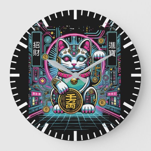 Cyberpunk Robot Maneki Neko Lucky Cat, Geld Grote Klok (Voorkant)