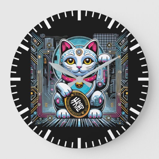 Cyberpunk Robot Maneki Neko Lucky Cat, Geld Grote Klok (Voorkant)