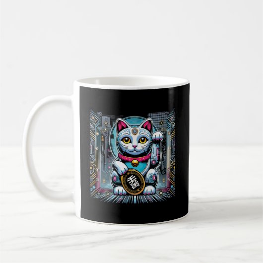 Cyberpunk Robot Maneki Neko Lucky Cat, Geld Koffiemok (Links)