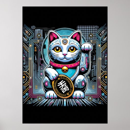 Cyberpunk Robot Maneki Neko Lucky Cat, Geld Poster (Voorkant)