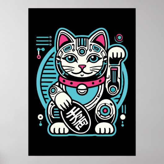 Cyberpunk Robot Maneki Neko Lucky Cat, Geld Poster (Voorkant)