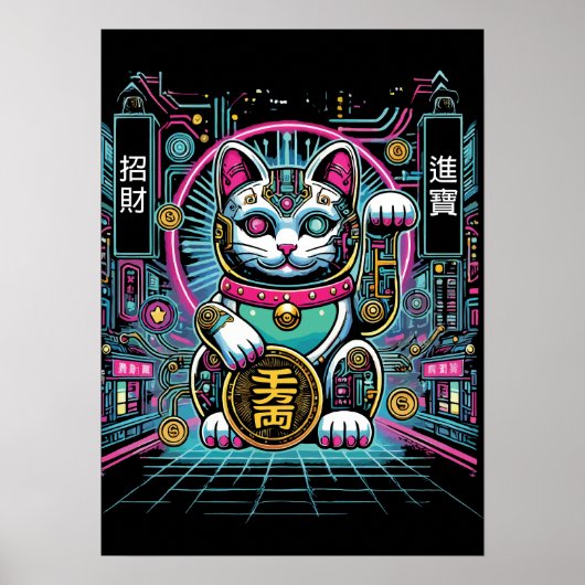 Cyberpunk Robot Maneki Neko Lucky Cat, Geld Poster (Voorkant)