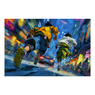 Cyberpunk Runners Neon Regen Jachtactie Perfect Poster