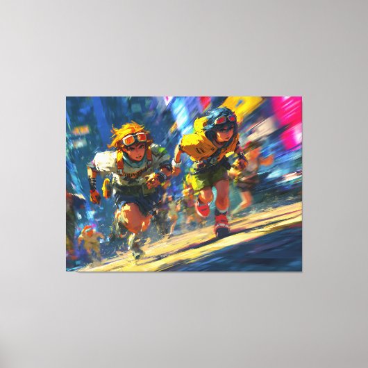 Cyberpunk Runners Sprint Neon Rain City Action Art Canvas Afdruk (Voorkant)