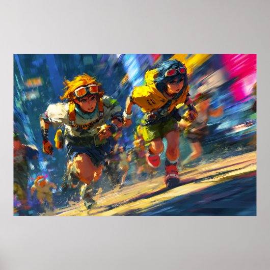 Cyberpunk Runners Sprint Neon Rain City Action Art Poster (Voorkant)