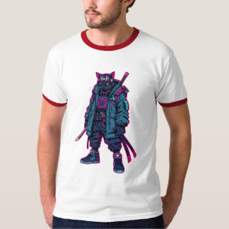 Cyberpunk Samurai Cat Neon Anime Art T-shirt
