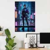 Cyberpunk Samurai Girl | Neon City Warrior Poster (Thuiskantoor)