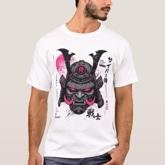 Cyberpunk Samurai Helm Neon Mecha T-shirt (Voorkant)
