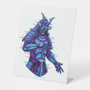 Cyberpunk Samurai in Neon Gloed Reclamebord Met Voetstuk
