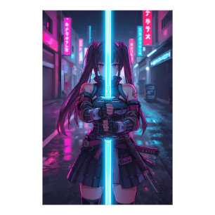 Cyberpunk Samurai Meisje Neon Katana Anime Foto Afdruk