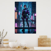 Cyberpunk Samurai Meisje | Neon Stad Warrior Poste Poster (Keuken)
