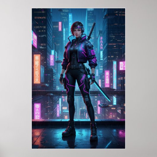 Cyberpunk Samurai Meisje | Neon Stad Warrior Poste Poster (Voorkant)