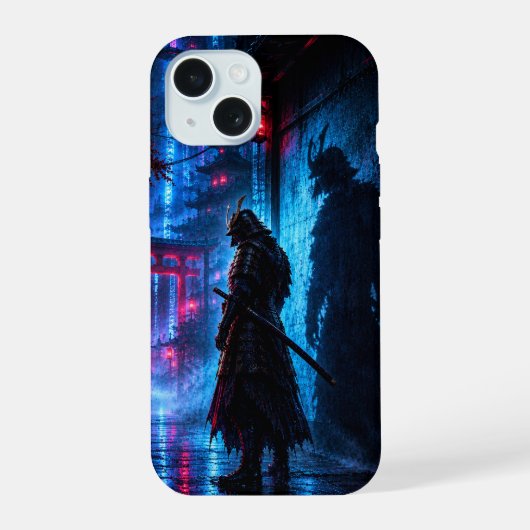 Cyberpunk Samurai Poster – Neon Ronin Shadow iPhone 15 Case (Achterkant)