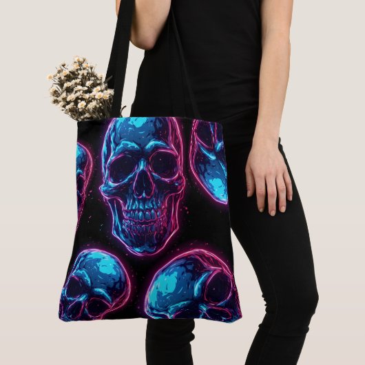 Cyberpunk Schedel Neon Synthwave Gloed Gamer Goth Tote Bag (Dichtbij)