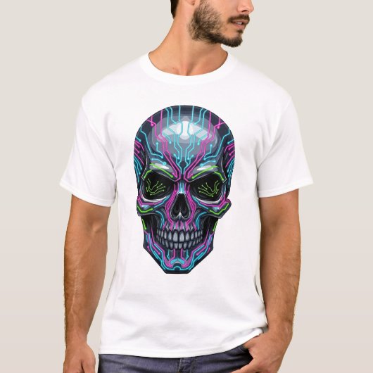 Cyberpunk Skeleton T-Shirt – Futuristic Neon Skull (Voorkant)