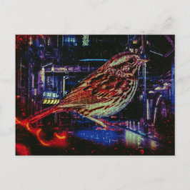 Cyberpunk Sparrow in Neon CityScape Briefkaart