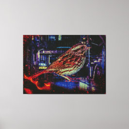 Cyberpunk Sparrow in Neon CityScape Canvas Afdruk