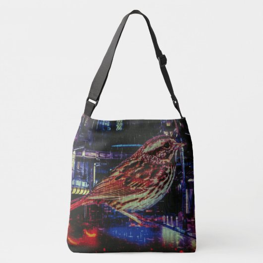 Cyberpunk Sparrow in Neon CityScape Crossbody Tas (Achterkant)