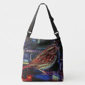 Cyberpunk Sparrow in Neon CityScape Crossbody Tas (Voorkant)
