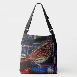 Cyberpunk Sparrow in Neon CityScape Crossbody Tas