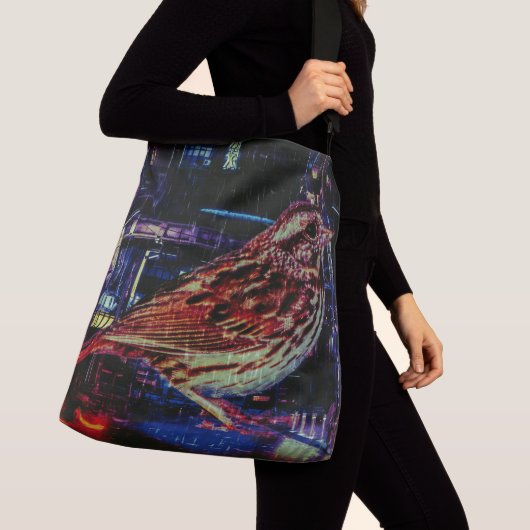 Cyberpunk Sparrow in Neon CityScape Crossbody Tas (Dichtbij)