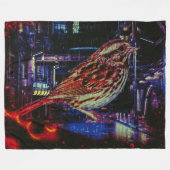 Cyberpunk Sparrow in Neon CityScape Fleece Deken (Voorkant (Horizontaal))