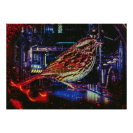 Cyberpunk Sparrow in Neon CityScape Foto Afdruk