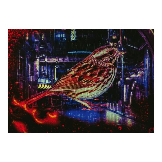 Cyberpunk Sparrow in Neon CityScape Foto Afdruk (Voorkant)