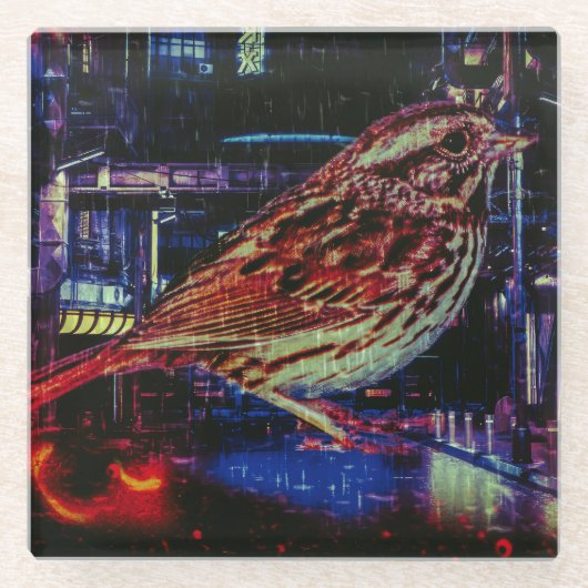 Cyberpunk Sparrow in Neon CityScape Glazen Onderzetter (Voorkant)