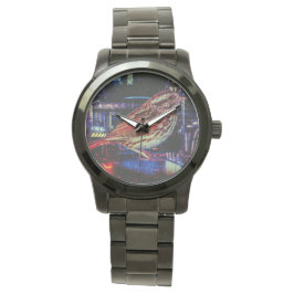 Cyberpunk Sparrow in Neon CityScape Horloge