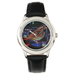 Cyberpunk Sparrow in Neon CityScape Horloge