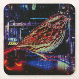 Cyberpunk Sparrow in Neon CityScape Kartonnen Onderzetters