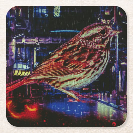 Cyberpunk Sparrow in Neon CityScape Kartonnen Onderzetters (Voorkant)