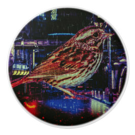Cyberpunk Sparrow in Neon CityScape Keramische Knop