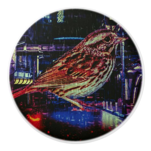 Cyberpunk Sparrow in Neon CityScape Keramische Knop (Voorkant)