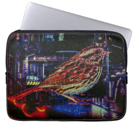 Cyberpunk Sparrow in Neon CityScape Laptop Sleeve