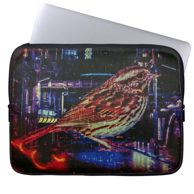 Cyberpunk Sparrow in Neon CityScape Laptop Sleeve (Voorkant)
