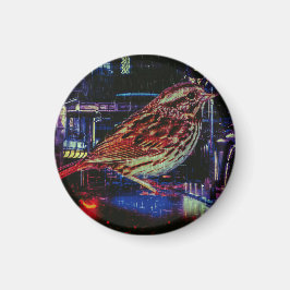 Cyberpunk Sparrow in Neon CityScape Magneet