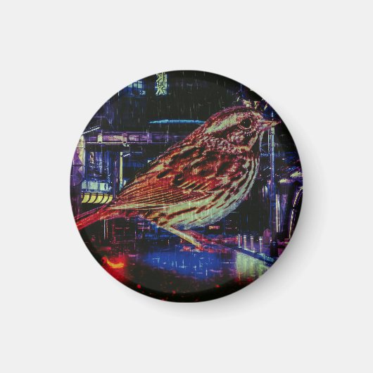 Cyberpunk Sparrow in Neon CityScape Magneet (Voorkant)