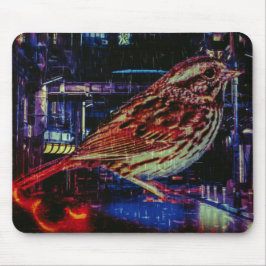 Cyberpunk Sparrow in Neon CityScape Muismat